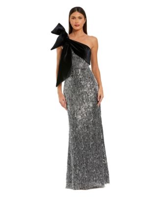 Mac Duggal Women's One-Shoulder Sequin Velvet Bow Gown