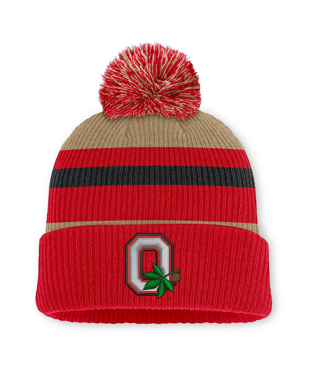Мужская и женская вязаная шапка Nike Scarlet Ohio State Buckeyes Legacy Striped Cuffed Knit Hat с помпоном