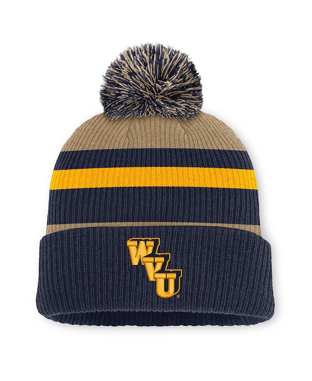 Мужская и Женская Nike Navy/Beige West Virginia Mountaineers Legacy Striped Cuffed Knit Hat with Pom