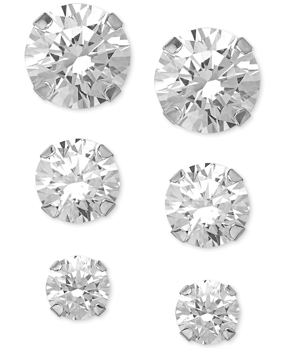 Серьги с цирконием, круглые пусеты, белое золото 14k