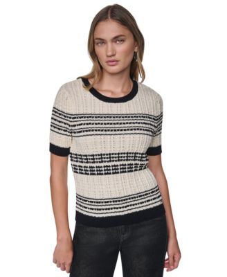 DKNY Jeans Women's Short-Sleeve Striped Crewneck Cotton Sweater