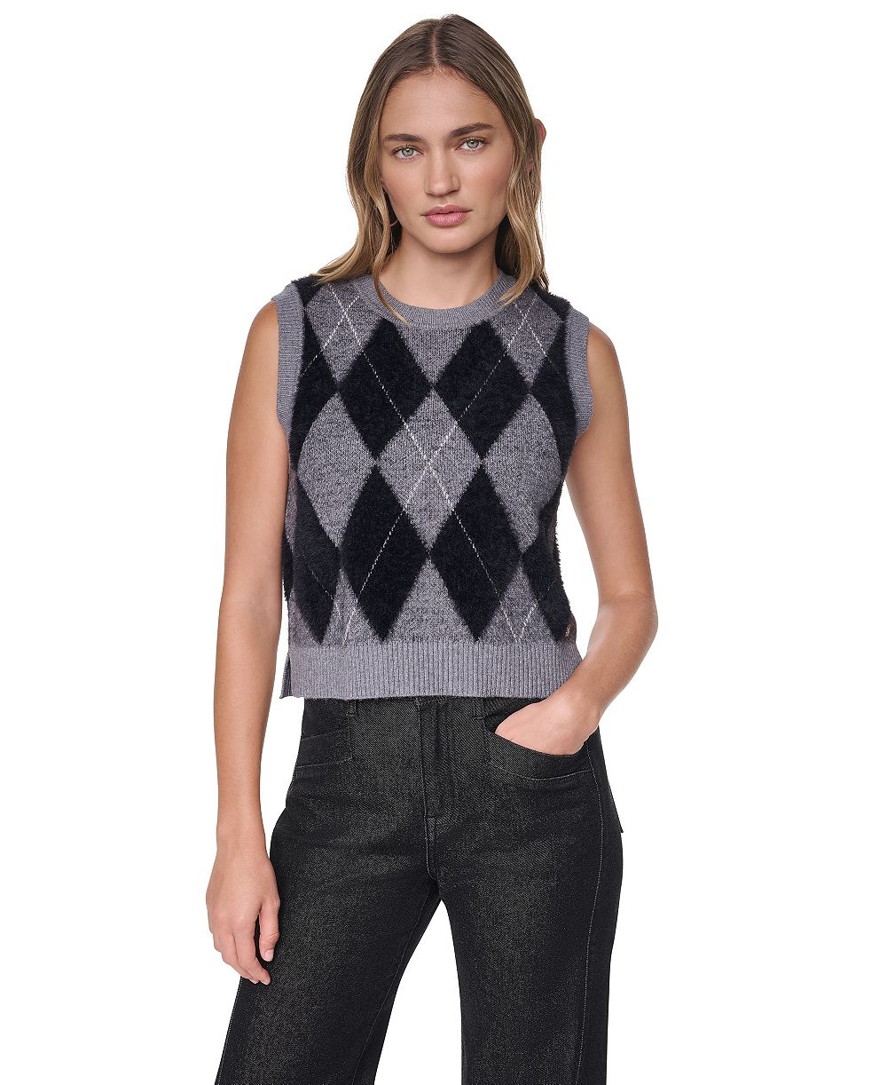 DKNY Jeans Women's Argyle Fuzzy-Yarn Side-Slit Crewneck Vest Sweater