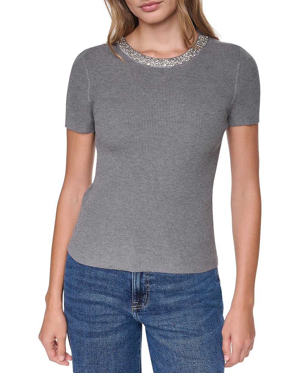DKNY Jeans Women's Embellished Ribbed-Knit Short-Sleeve Crewneck Sweater