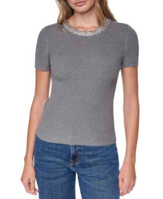 DKNY Jeans Women's Embellished Ribbed-Knit Short-Sleeve Crewneck Sweater