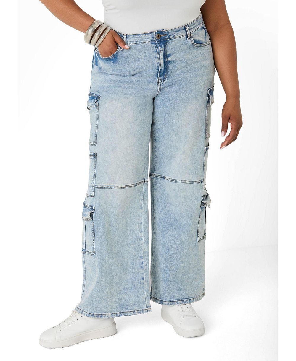 Ashley Stewart Plus Size Cargo Acid Wash High-Waisted Jeans