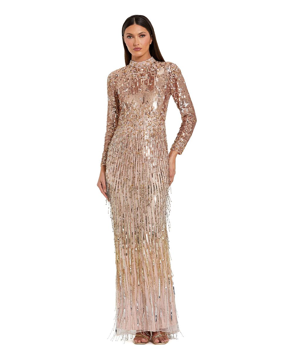Mac Duggal женское длинное платье с длинным рукавом, омбре-пайетки и бахрома
