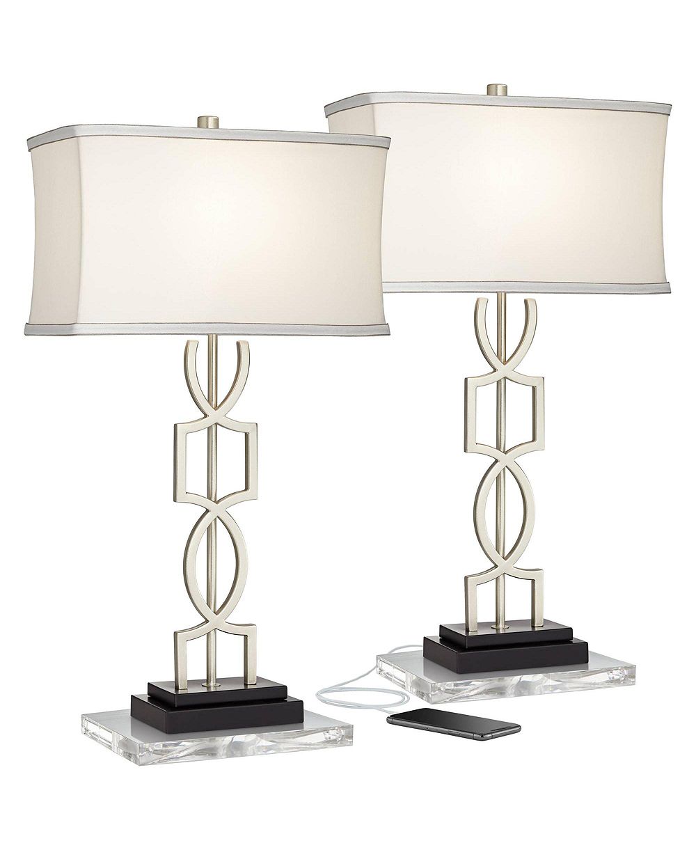 Настольная лампа Possini Euro Design Evan Modern, набор из 2 шт, с прозрачными подставками, высота 28 1/2", матовый никель, с USB-портом, абажур для спальни и гостиной