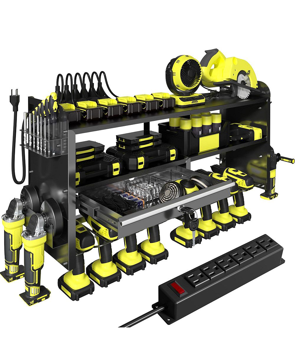 XDOVET Power Tool Organizer Wall Mount Drill Rack Holder Charging Station Locking Drawers