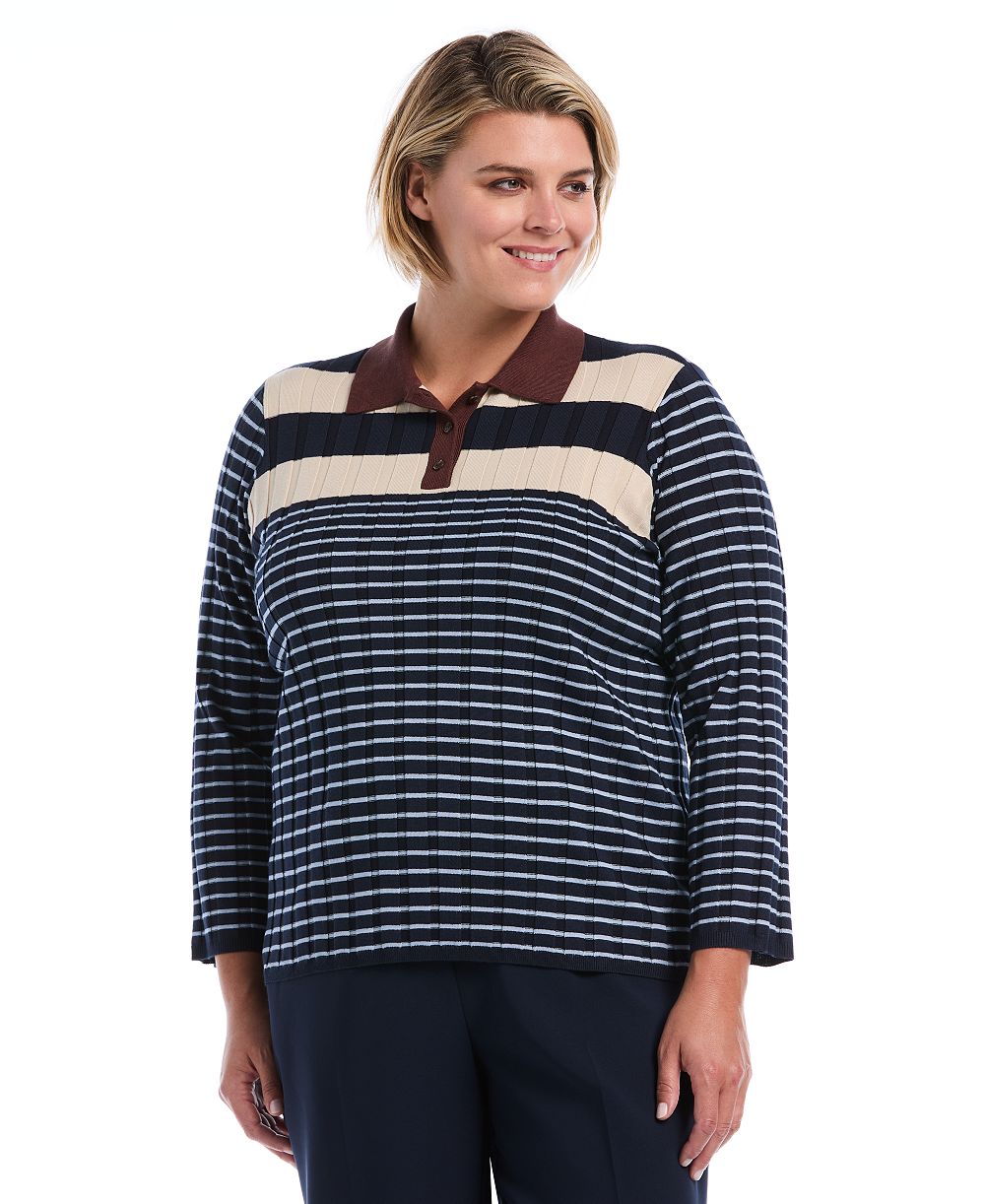 Свитер Rafaella Plus Size Striped Polo 3/4 Sleeve