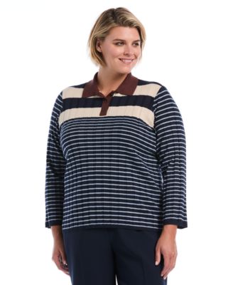 Свитер Rafaella Plus Size Striped Polo 3/4 Sleeve
