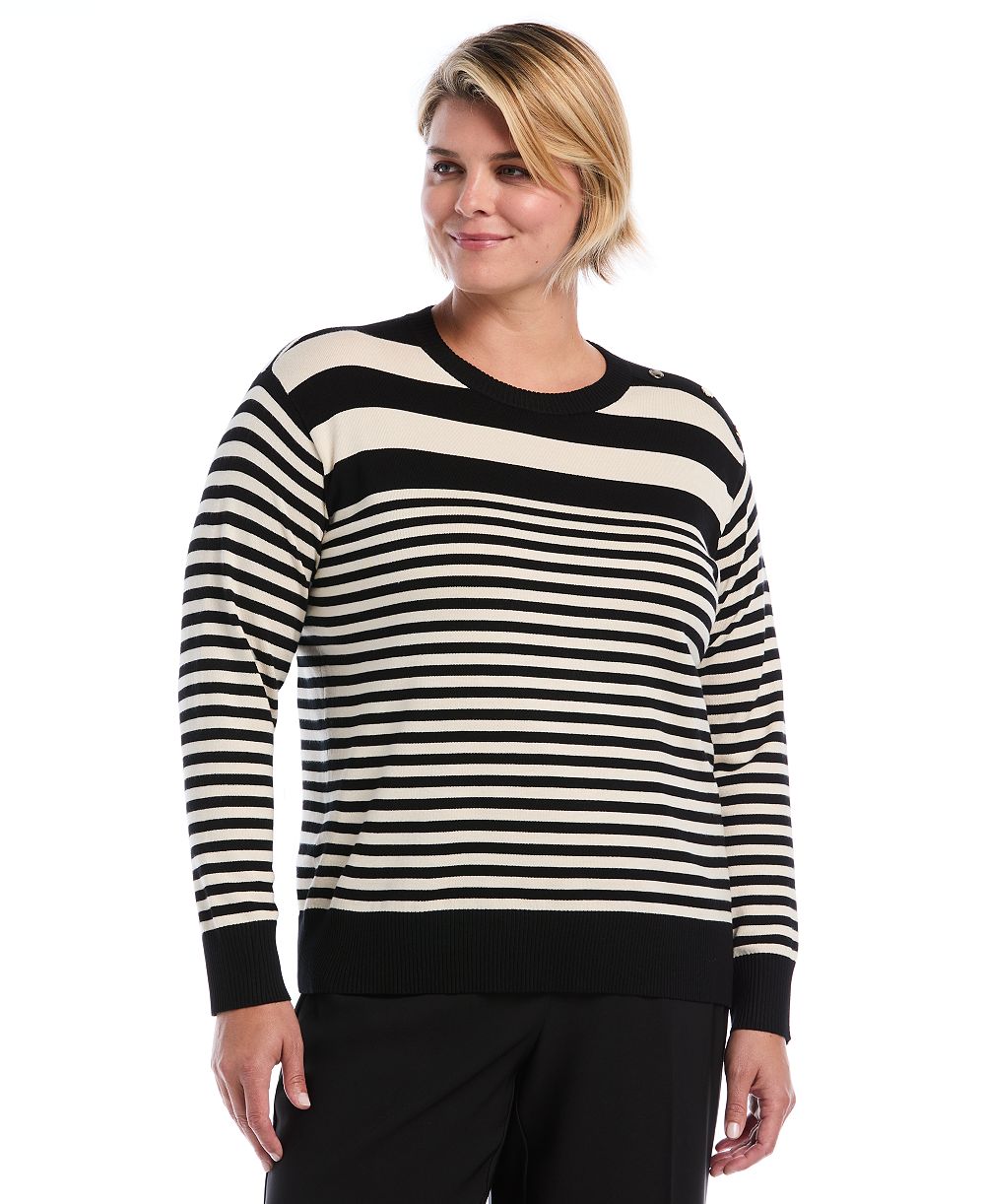 Rafaella Plus Size Striped Crewneck Ribbed Trim Pullover Sweater