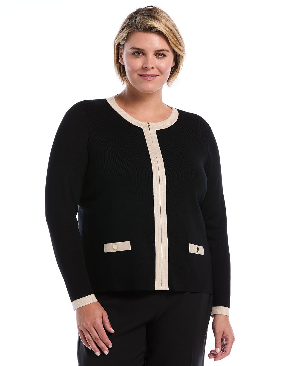 Rafaella Women's Plus Size Colorblock Full-Zip Fitted Cardigan