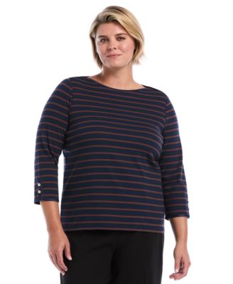 Rafaella Plus Size Striped Boat Neck 3/4-Sleeve T-Shirt