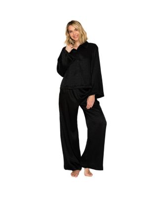 Badgley Mischka Women's Luxe Monogram Satin Jacquard Long Sleeve Wide Leg Top and Pants Pajama Set