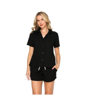 Женский пижамный комплект Badgley Mischka Yummy Ribbed Jersey-Knit Notch Collar Button-Up Top и шорты