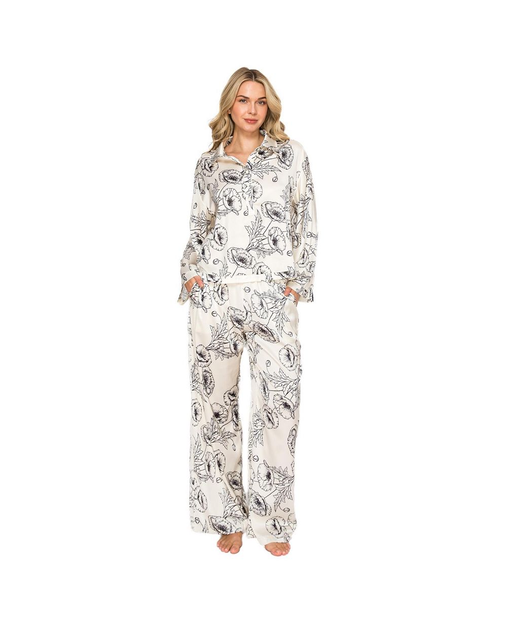 Badgley Mischka Women's Floral-Print Satin Long-Sleeve Pajama Set