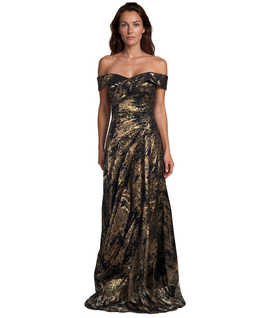 Rene Ruiz Occasion Women's Off-the-Shoulder Metallic Jacquard Draped Gown