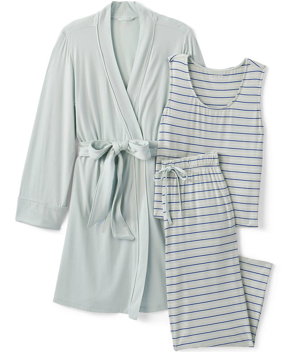 Lands' End Women's Sleeveless Tank, Pants and Robe Pajama Set