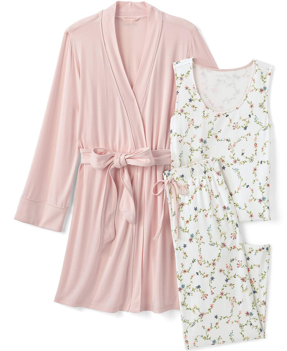 Lands' End Women's Lightweight Rayon-Spandex Blend Sleeveless Tank, Pants, and Robe, 3-Piece Set