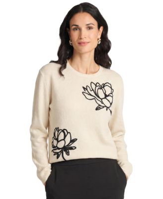 Vince Camuto Women's Chenille Floral Embroidery Crewneck Sweater
