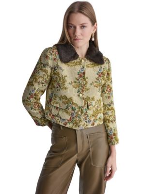 BCBG Women's Tapestry Faux-Fur-Collar 3/4-Sleeve Jacket