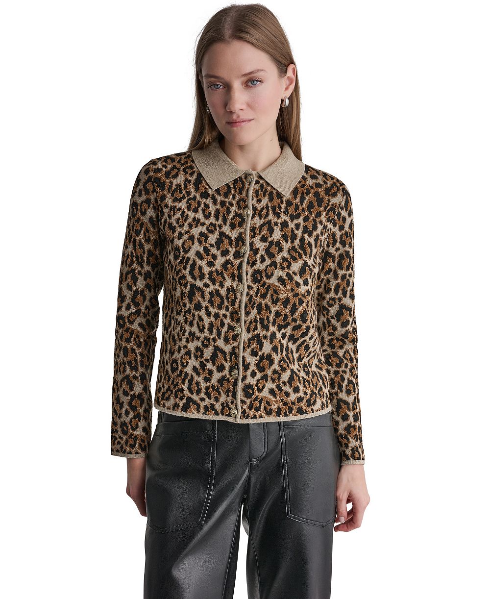BCBG Women's Leopard-Print Button-Front Fitted Cardigan