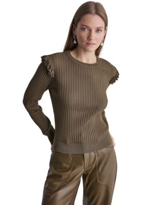 BCBG Women's Ruffle-Trim Ribbed-Knit Long-Sleeve Crewneck Sweater