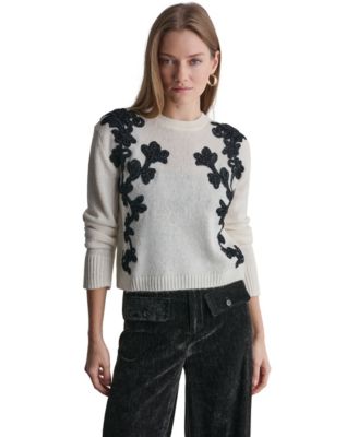 BCBG Women's Oversized Floral-Applique Crewneck Long-Sleeve Sweater