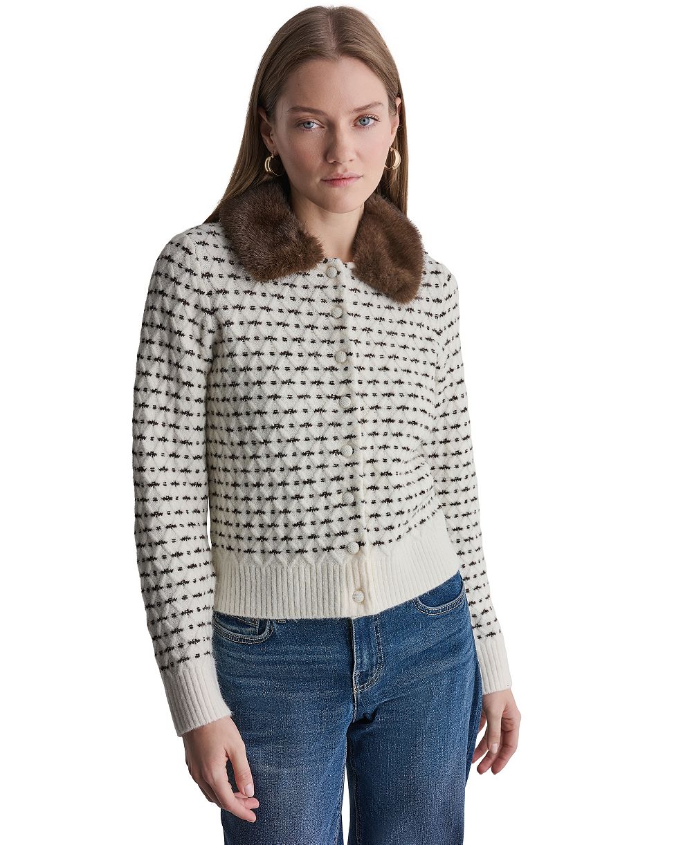 BCBG Women's Long-Sleeve Faux Fur Collar Cardigan