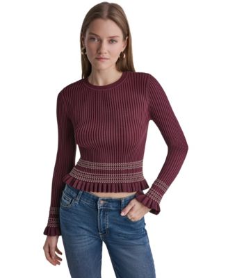 BCBG Women's Long Sleeve Crewneck Ribbed Knit Sweater
