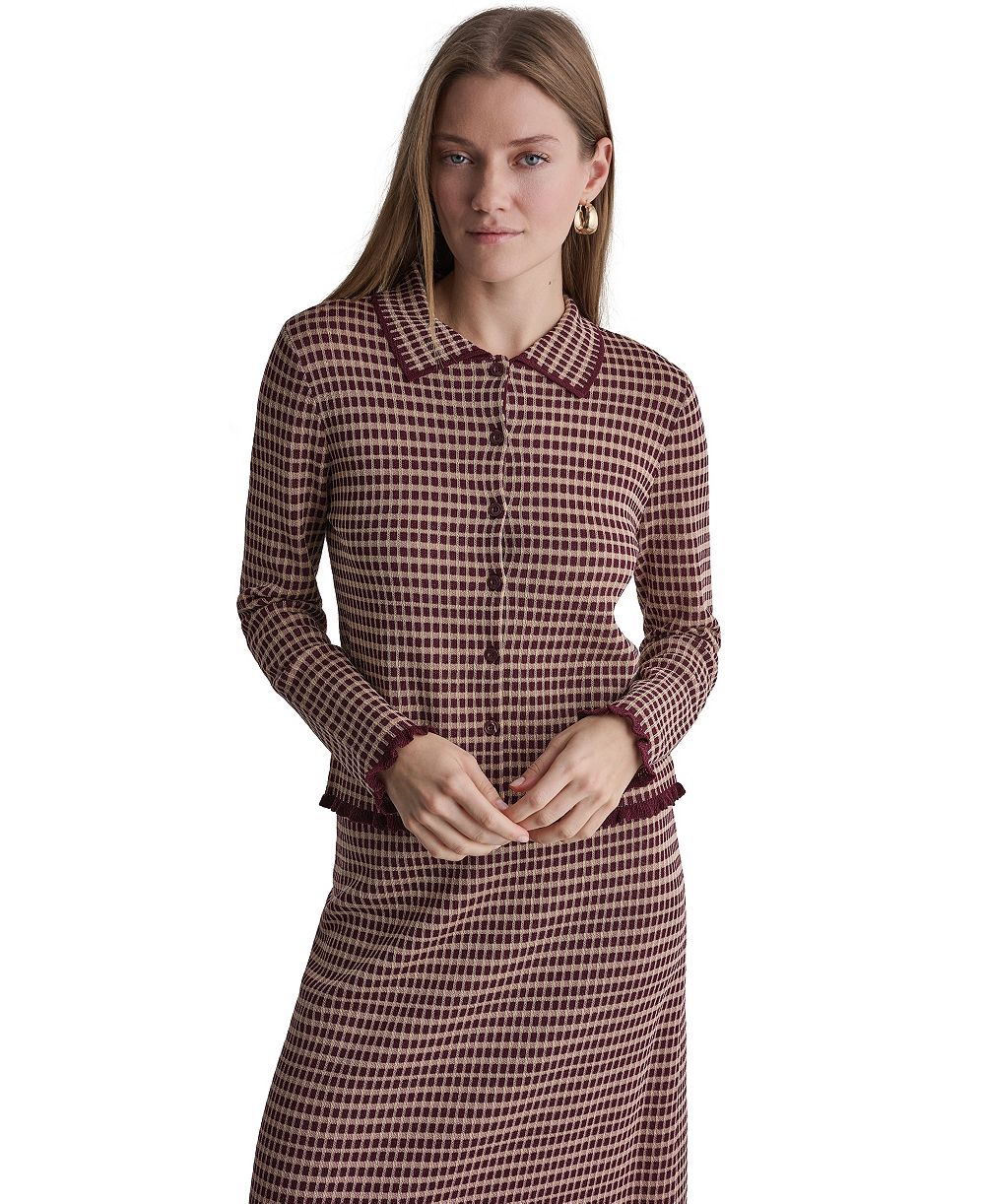 BCBG Women's Plaid Collared Long-Sleeve Cardigan