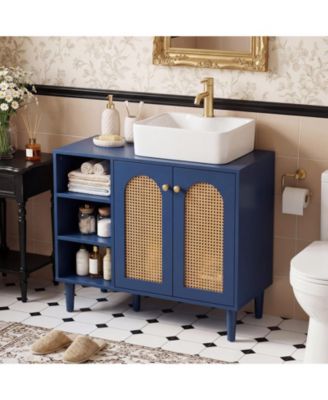Costway 36" Under Sink Cabinet, Boho Sink Base with Rattan Doors