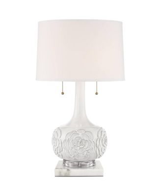 Possini Euro Design Natalia Country Cottage Table Lamp with Square White Marble Riser 27" Tall Floral Ceramic Drum Shade for Bedroom Living Room