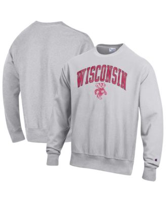 Champion Men's Gray Wisconsin Badgers Distressed Arch Over Logo Reverse Weave Crew Neck Sweatshirt