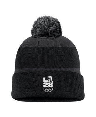 Nike Men's Black LA28 Summer Olympics Script Peak Stripe Cuffed Knit Hat with Pom