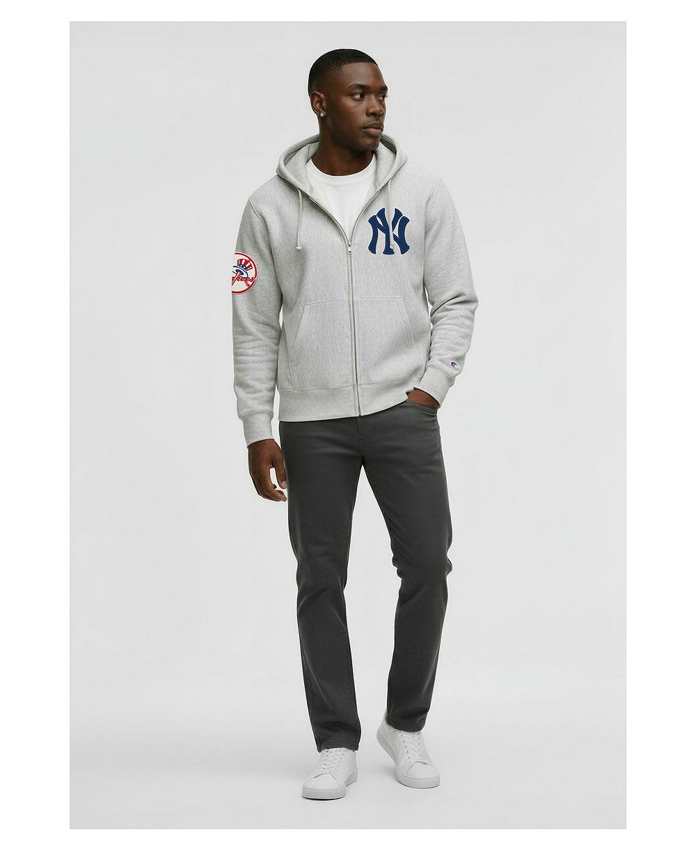 Мужское флисовое худи Champion Gray New York Yankees Reverse Weave Chenille Full-Zip Hoodie