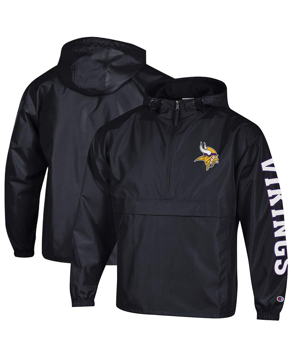 Champion Men's Black Minnesota Vikings Packable Hooded Windbreaker Half-Zip Jacket