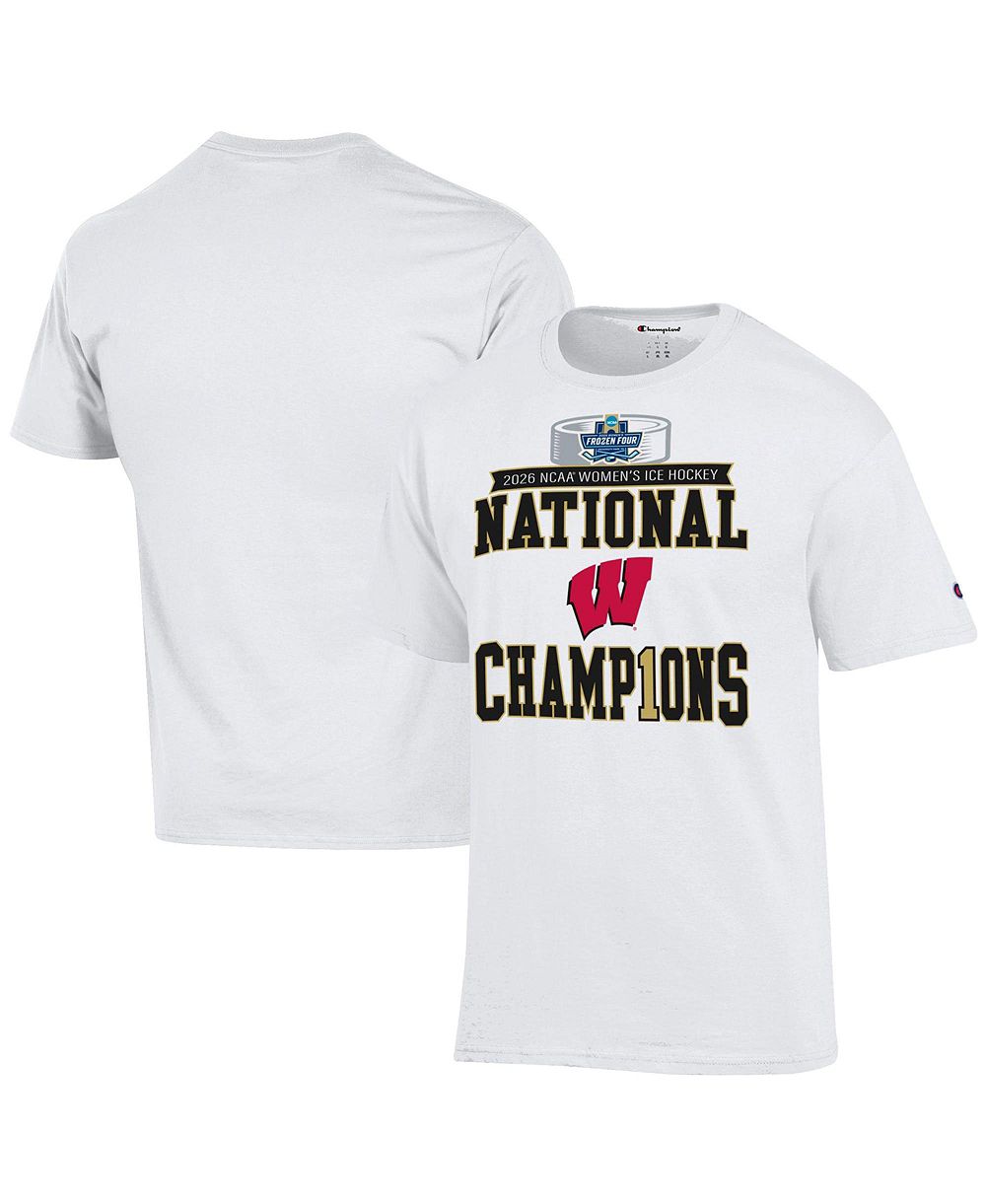 Мужская футболка Champion White Wisconsin Badgers 2026 NCAA Frozen Four Women's Ice Hockey National Champions Locker Room