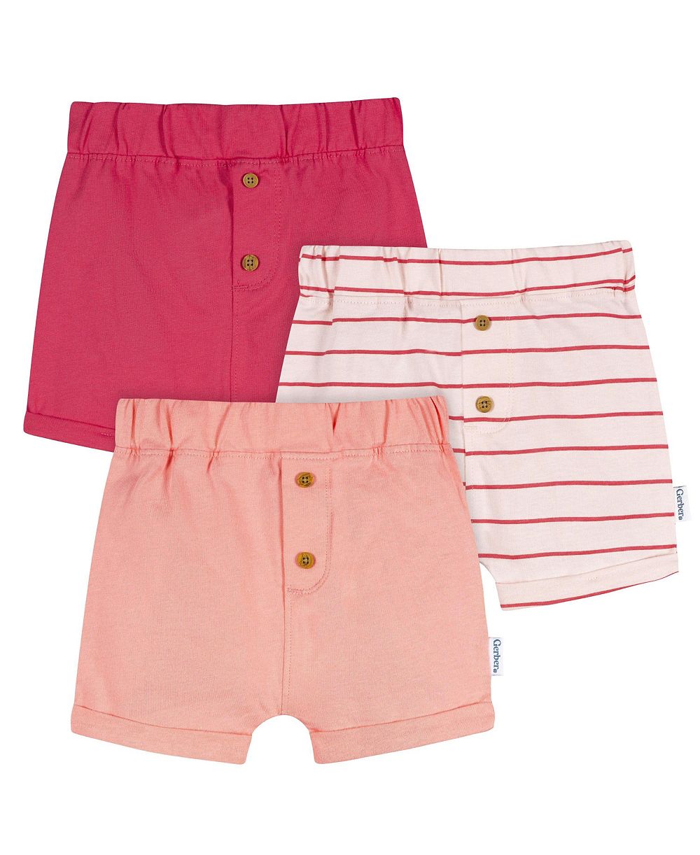 Детская одежда Gerber Baby Girls 3-Pack Shorts, Coral, 0-3 Months