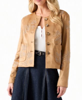 GUESS Women's Oceane Faux-Suede Floral-Embroidered Jacket