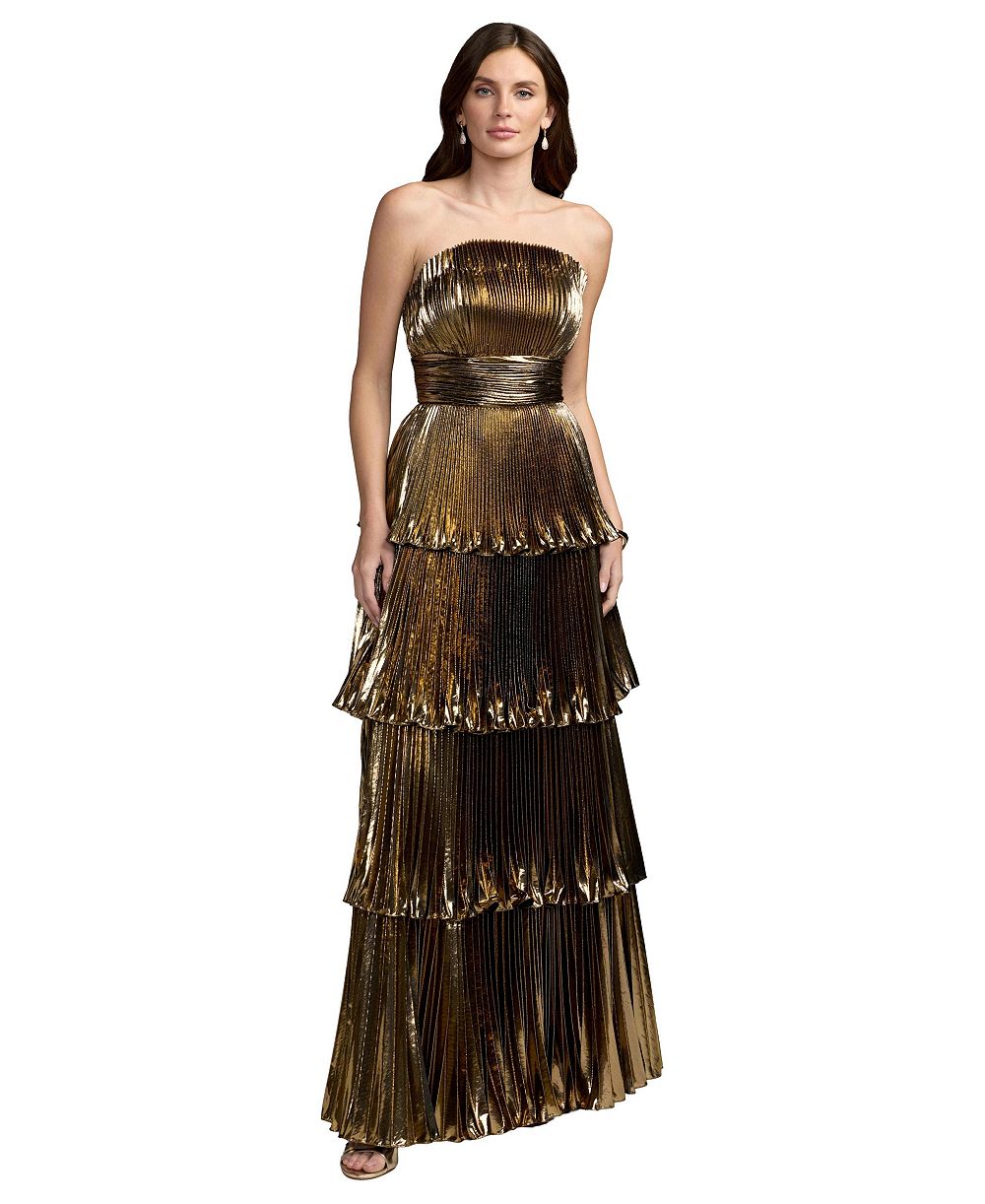 Mac Duggal Petite Metallic Pleated Tiered Strapless Gown