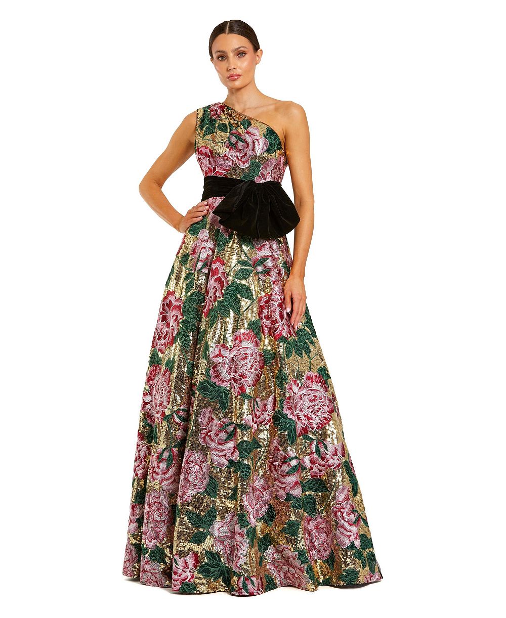 Женское бальное платье Mac Duggal с одним плечом, цветочным пайеточным декором и бархатным бантом