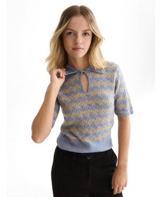 SCOTCH & SODA Women's Pointelle Stitch Short Sleeve Pullover, Stonewash Stripe