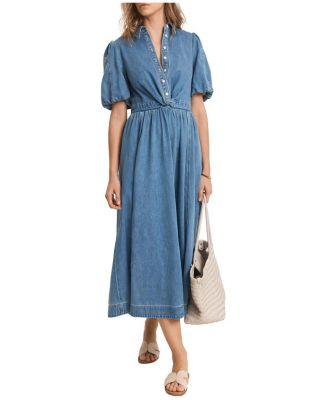 Mint Velvet Women's Twist Puff-Shoulder Cotton-Blend Denim Midi Dress