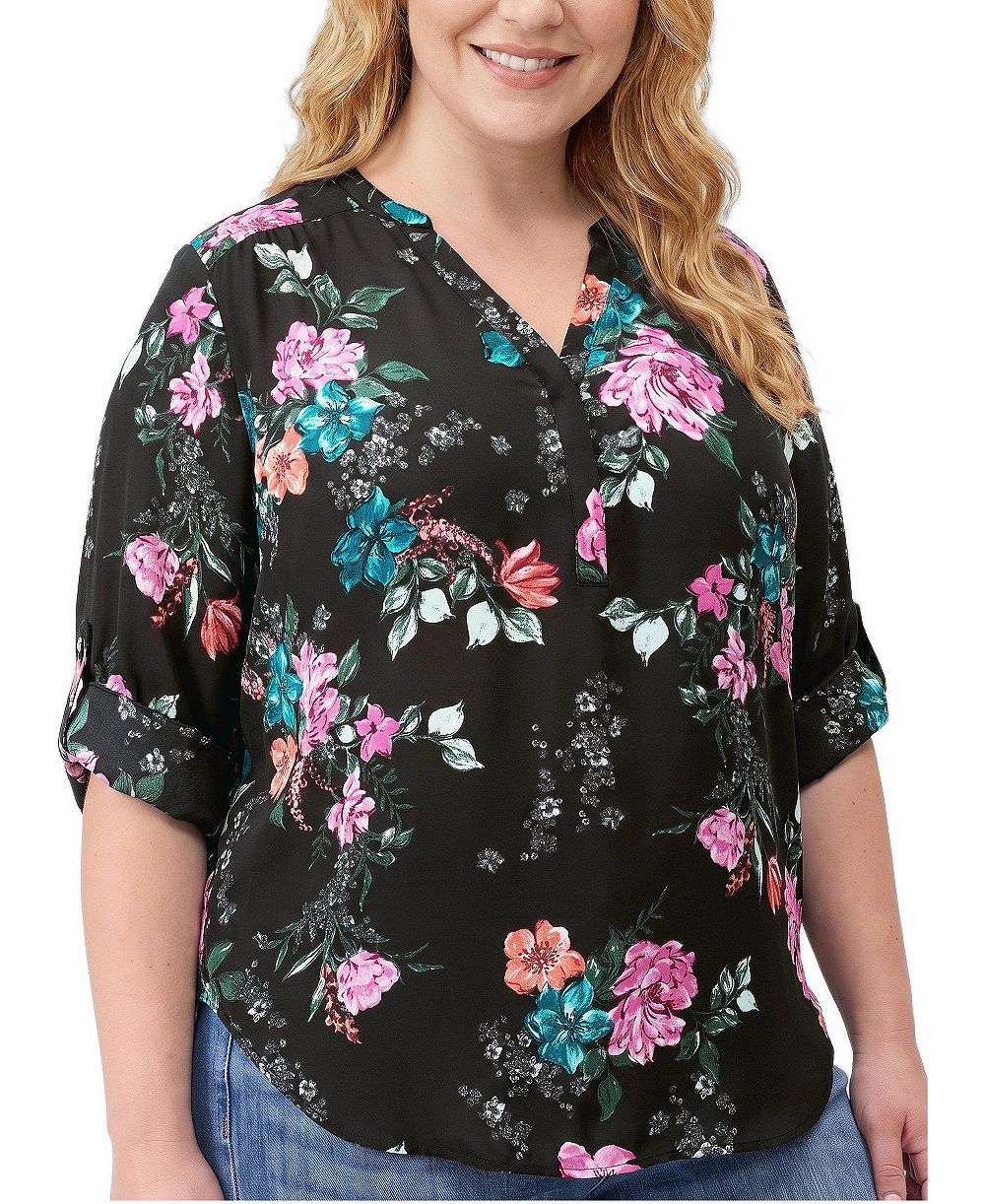 Torrid Блузка Harper Plus Size с цветочным принтом и рукавом 3/4 с отворотом