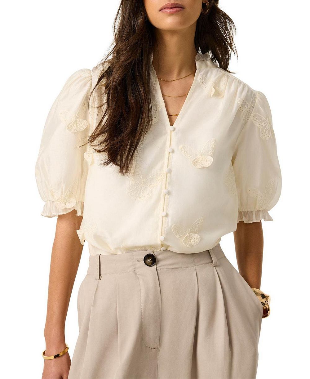 Mint Velvet Women's Short-Puff-Sleeve V-Neck Applique Butterfly Blouse