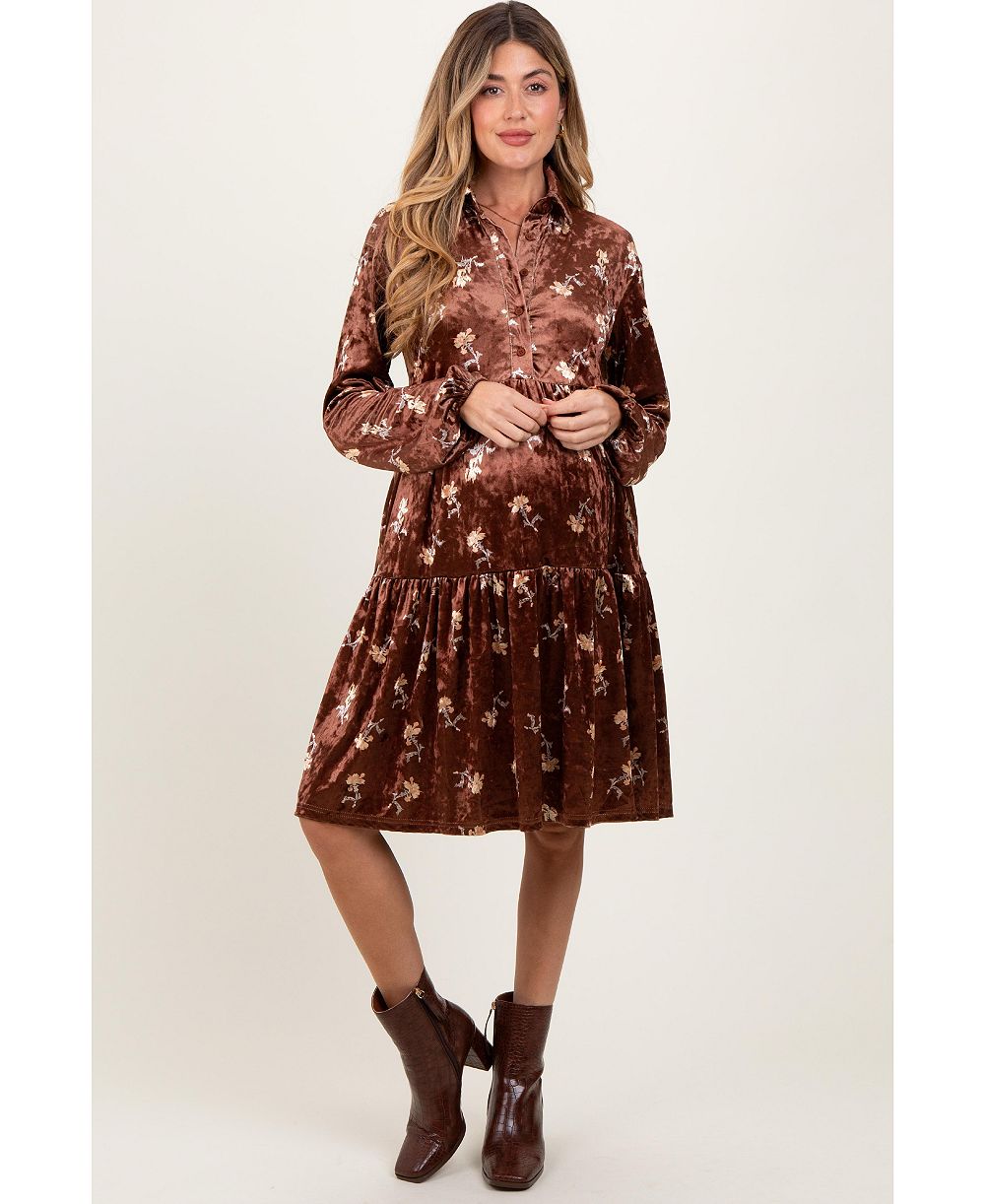 Женское бархатное миди-платье Pinkblush Brown Floral Button Down