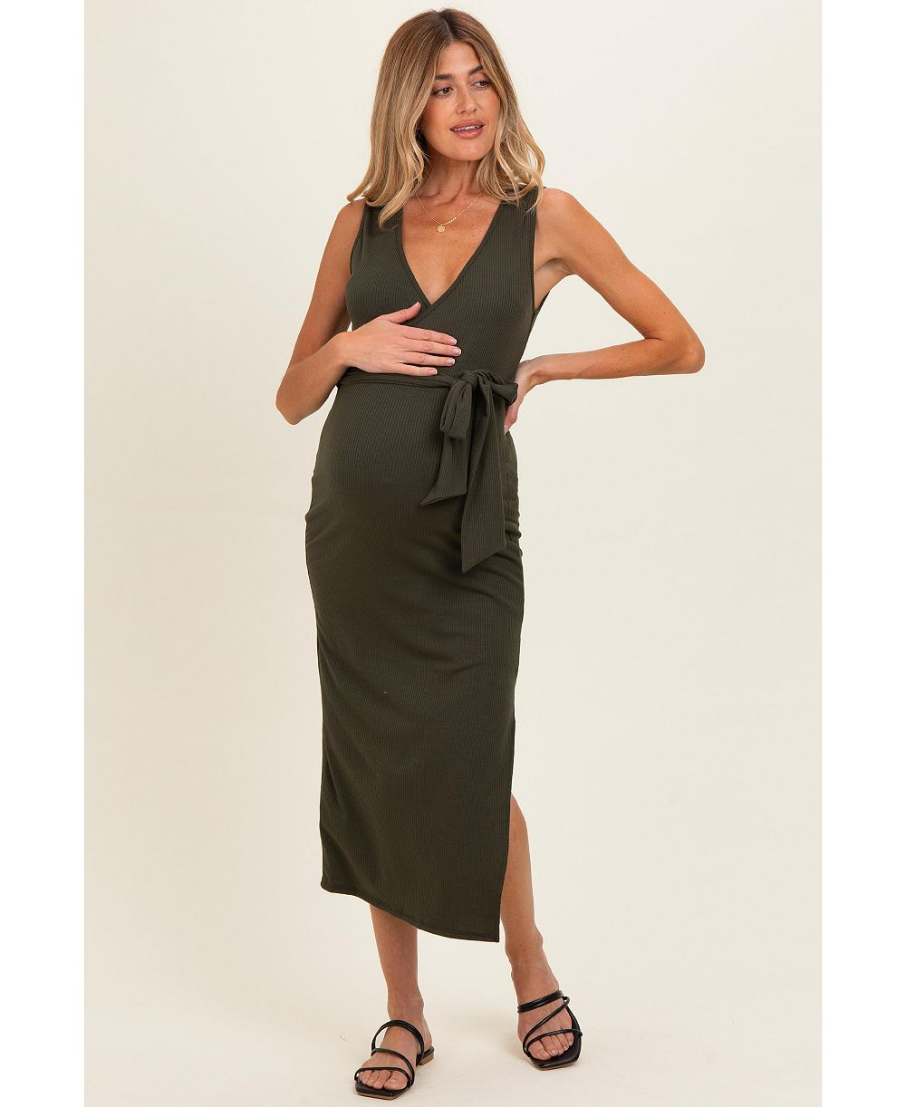 Женское оливковое мини-платье с запахом Pinkblush Women's Olive Sleeveless Wrap Midi Dress