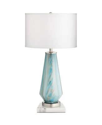 Possini Euro Design Jaime Modern Table Lamp with Square White Marble Riser 26" High Blue Gray Art Glass Drum Shade for Bedroom Living Room Bedside