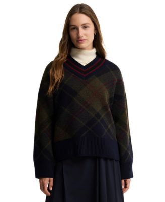 Barbour Women's Shae Tartan-Print V-Neck Long-Sleeve Sweater